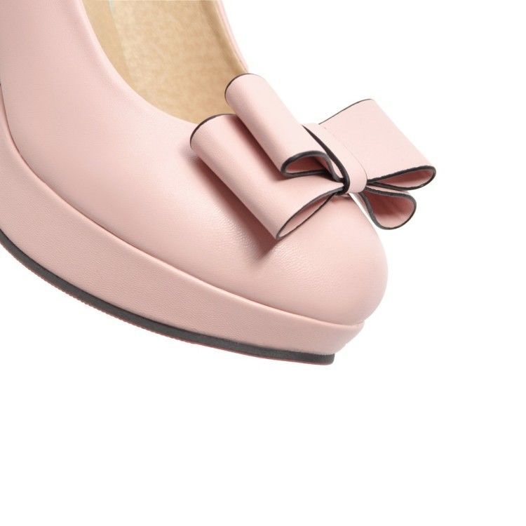 Shallow Bowknot White Thick Heel High Heel Shoes