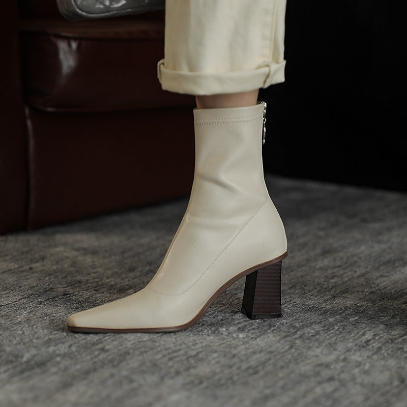 Back Zipper Thick Heel Socks Boots High Heel Short