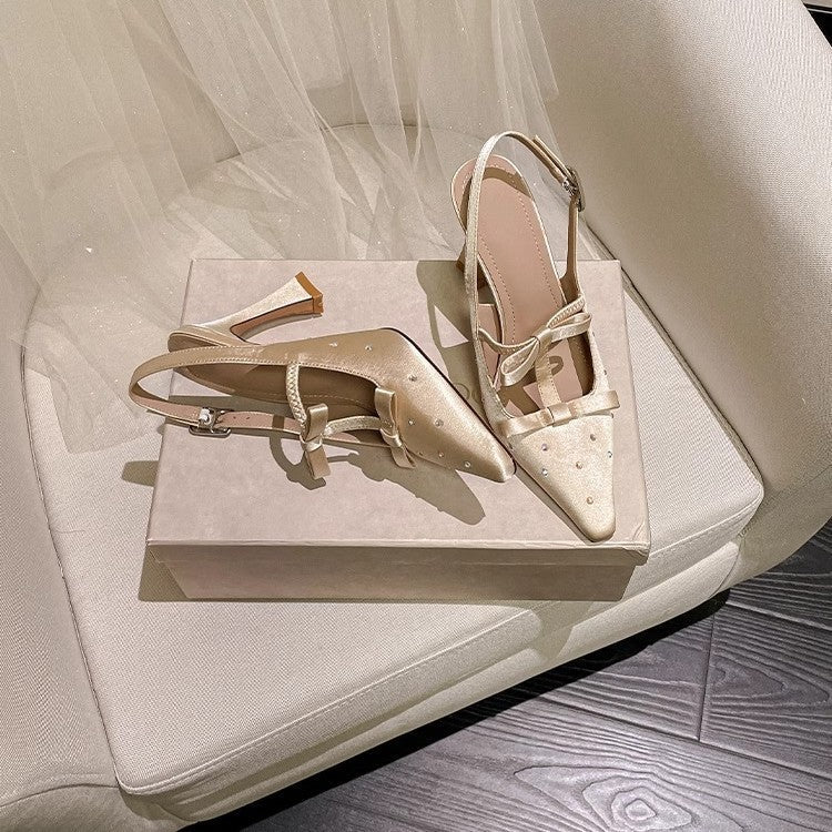 High Heel Shoes Back Empty Thick Heel Bowknot Sandals